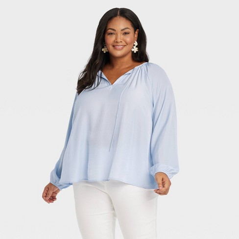 Women's Bishop Long Sleeve Satin Twill Flowy Blouse - Ava & Viv™ Light Blue  4X