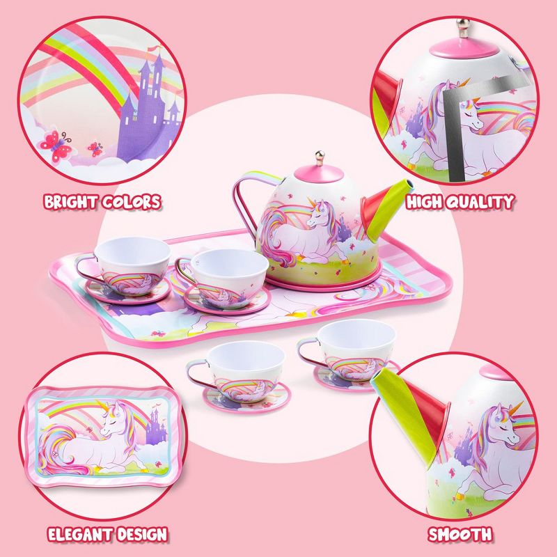 Joyin Unicorn Tin Teapot for Girls, Princess Tea Party Set Kitchen Toy with Teapot, Cups, Plates and Carrying Case for Birthday Gifts, 4 of 8