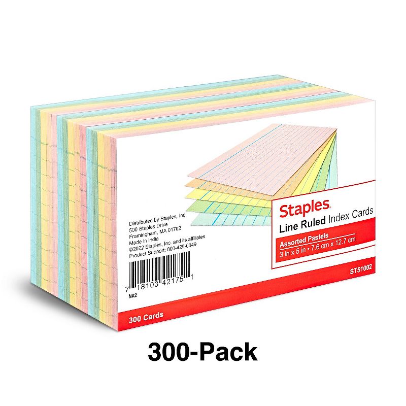 Staples 3" x 5" Line Ruled Assorted Pastel Index Cards 300/Pack (51002) TR51002, 2 of 6