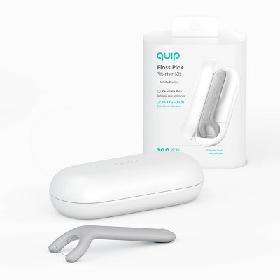 quip Plastic Refillable Floss Pick Starter Kit - Reusable Pick + Dispenser - 180-Use/22.8ft/Refill Included - White - 3ct