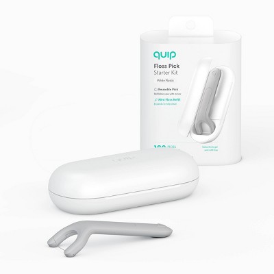 quip Plastic Refillable Floss Pick Starter Kit - Reusable Pick + Dispenser - 180-Use / 7.6 yd / 7 m Refill Included - White