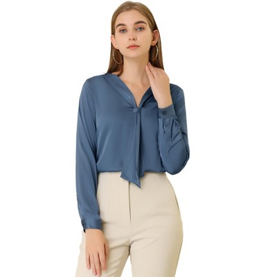 Allegra K Women's Satin Tie Neck Long Sleeve Solid Color Elegant Office Shirt