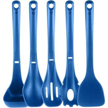 NutriChef Kitchen Cooking Utensils Set-Includes Spatula, Pasta Fork, Solid Spoon, Slotted Spoon & Tool Seat,(Blue)