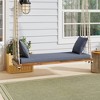Outdoor Swing Chair with 2 Person Seating, Acacia Wood Hanging Chair Porch Swing Bench w/ Cushion, 2 Pillows & Hemp Ropes for Garden Backyard, White - 2 of 4