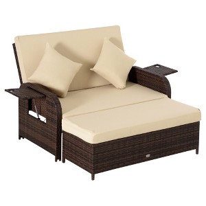 Patio Rattan Daybed with Cushions, Wicker Outdoor Bed Lounger w/ Loveseat, Storage Ottoman & Side Tables, for Poolside, Porch - 1 of 4