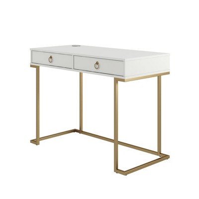 Camila White 44" Modern Writing Desk with Gold Accents & Wireless Charging