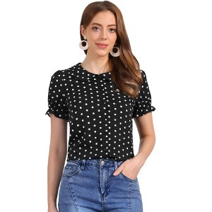 INSPIRE CHIC Women's Elegant Puff Sleeve Polka Dots Peter Pan Collar Vintage Shirt Top - 1 of 4