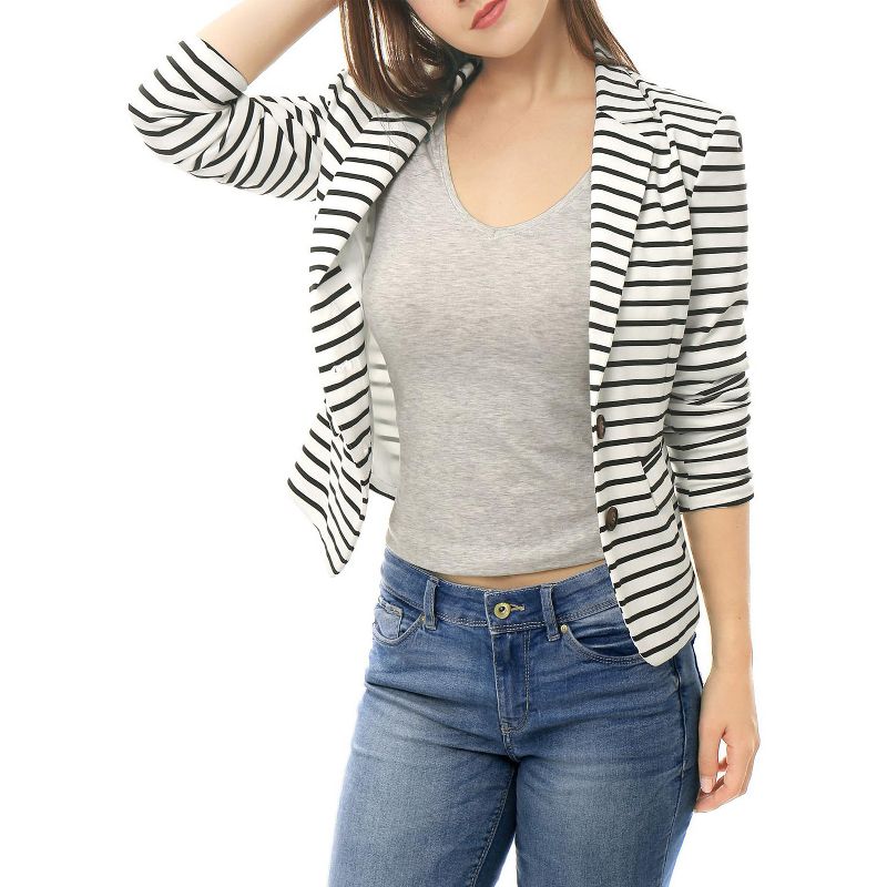 Allegra K Women's Notched Collar Long Sleeve Button Front Striped Blazers, 4 of 7