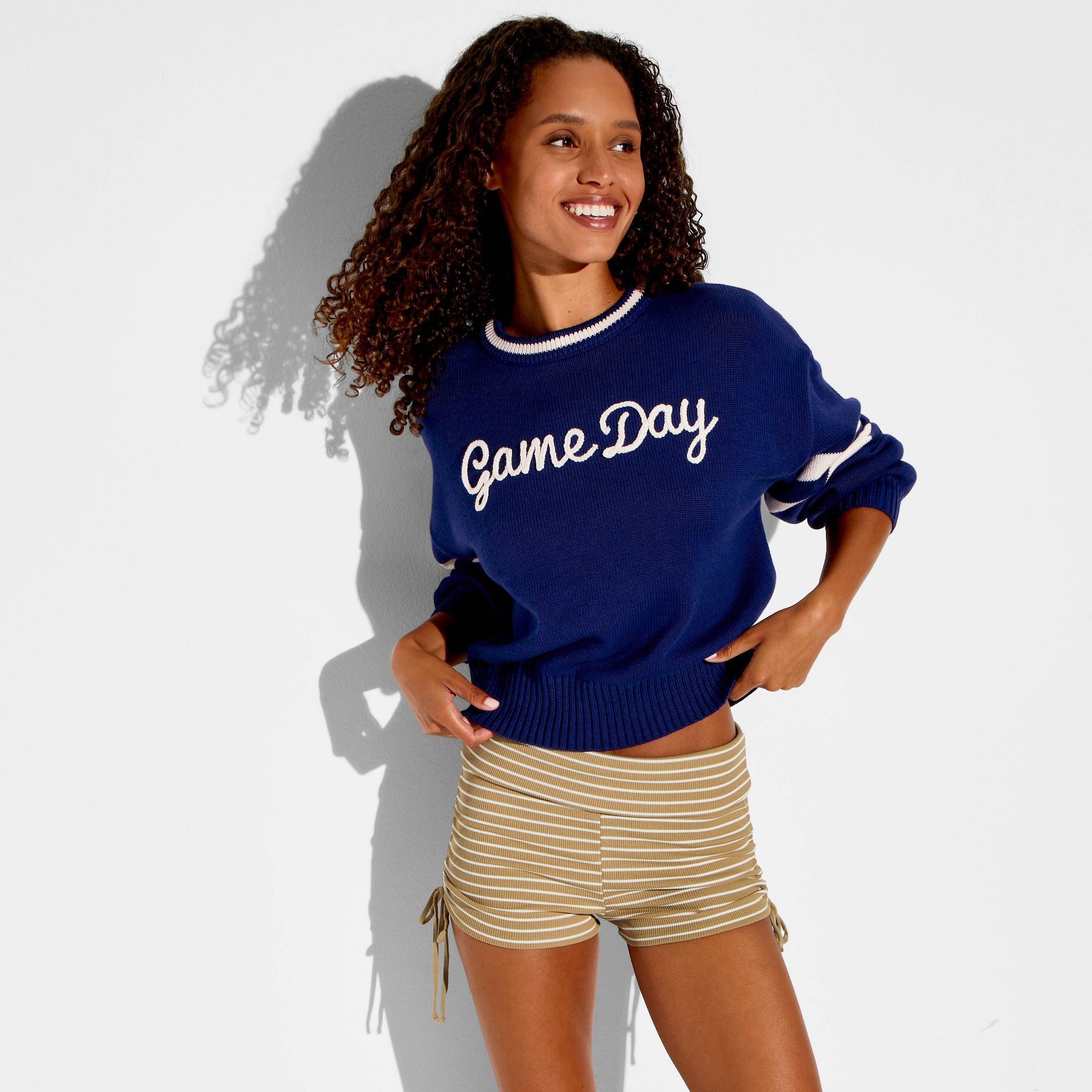 Women's Game Day Chain Stitch Long Sleeve Sweater - Wild Fable™ Navy Blue S
