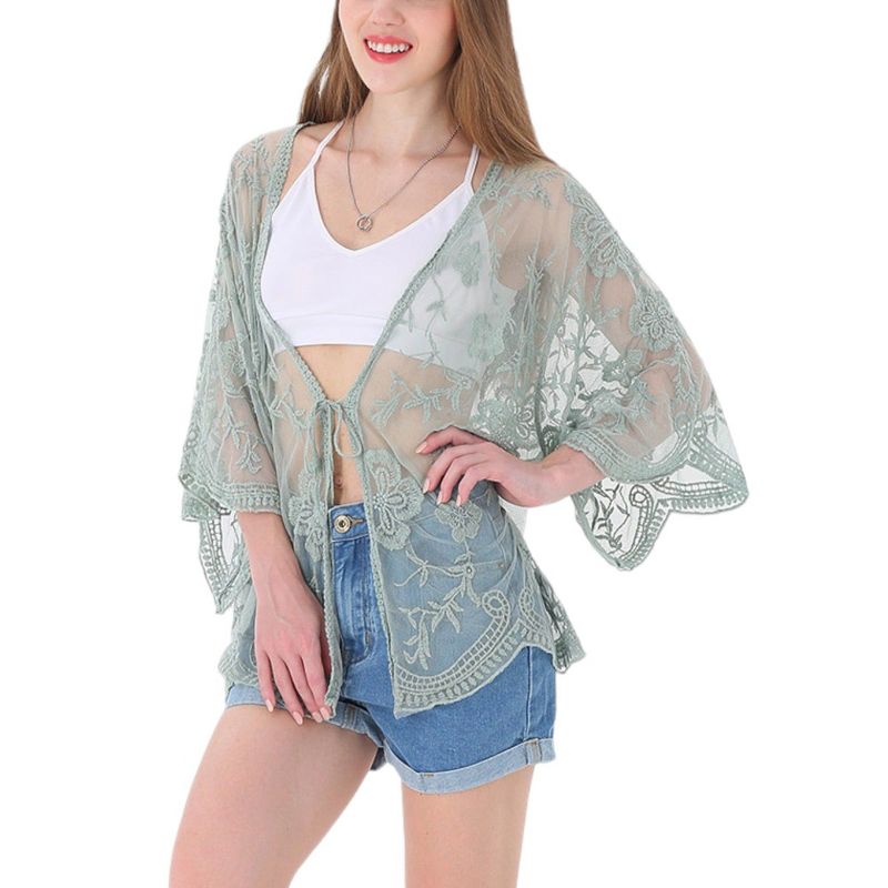 Anna-Kaci Women's Short Embroidered Lace Duster Crop Cardigan with Half Sleeves, 1 of 6