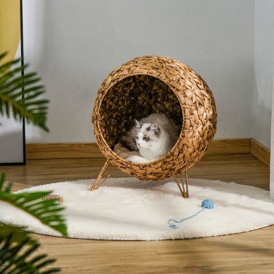 Small Round Beige Wicker Cat House with Cushion