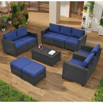 ELJGET 10PCS Outdoor Patio Wicker Furniture Set Cushioned Sectional Sofa Storage Coffee Table Blue Cushion