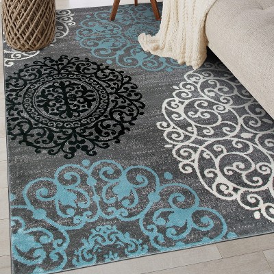 Gray and Blue Floral Synthetic Area Rug