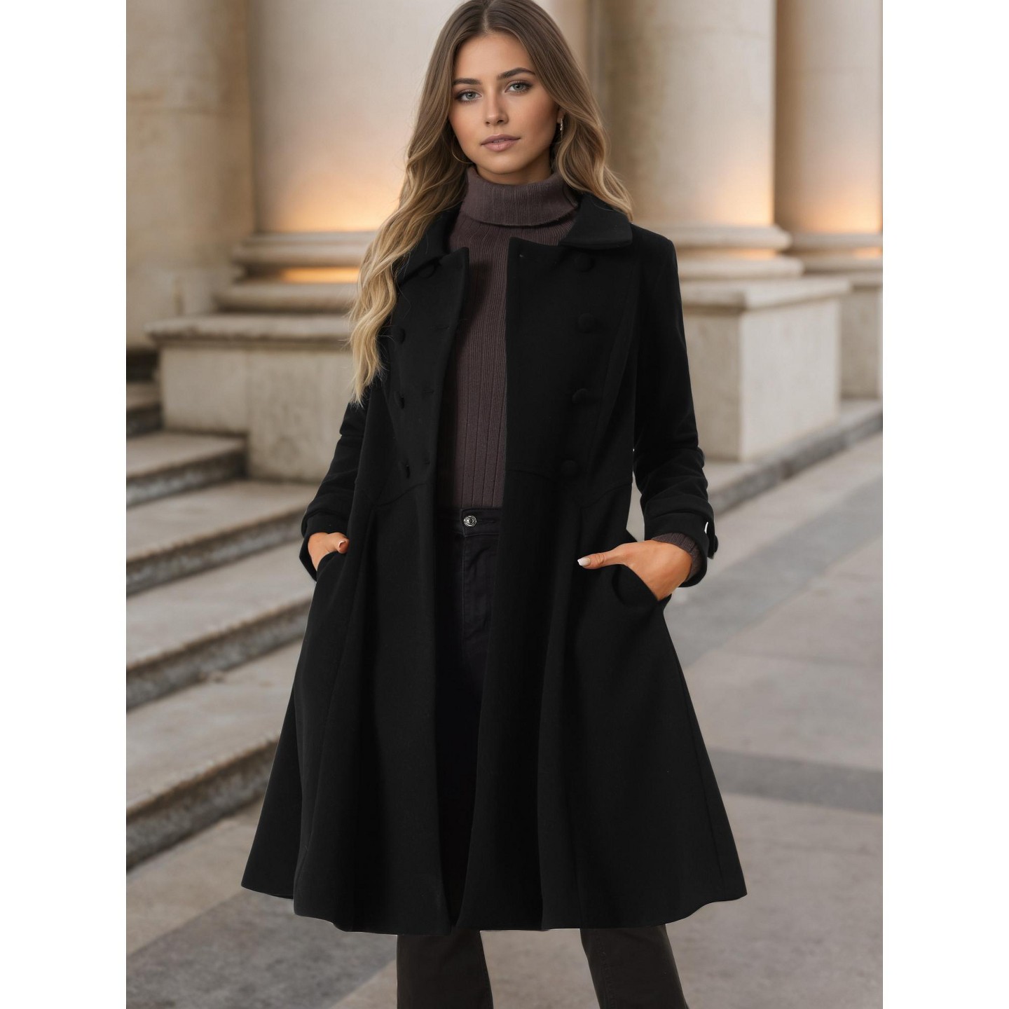 Allegra K Women's Winter Vintage Collared A-Line Double Breasted Long Swing Overcoat Large Black, цвет: Чёрный — фото 2