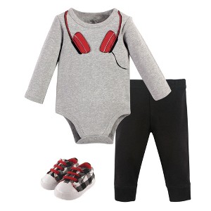 Little Treasure Baby Boy Cotton Bodysuit, Pant and Shoe 3pc Set, Red Headphones - 1 of 1