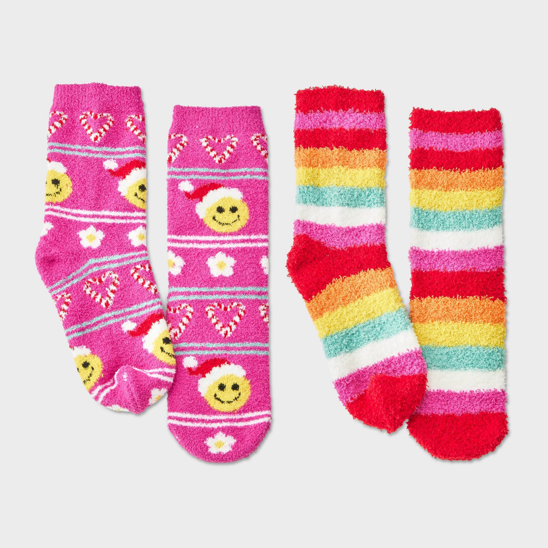 Kids' 2pk Smiley Face & Rainbow Striped Cozy Crew Socks with Gift Card Holder - Wondershop™ Pink