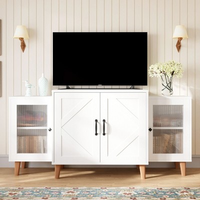 Hyleory TV Stand Cabinet, Mid Century Modern TV Stand for 55/60/65 inch TV, Farmhouse TV Stand, Entertainment Center with Storage,White