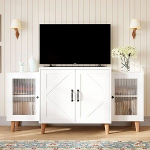 Hyleory TV Stand Cabinet, Mid Century Modern TV Stand for 55/60/65 inch TV, Farmhouse TV Stand, Entertainment Center with Storage,White - 1 of 4