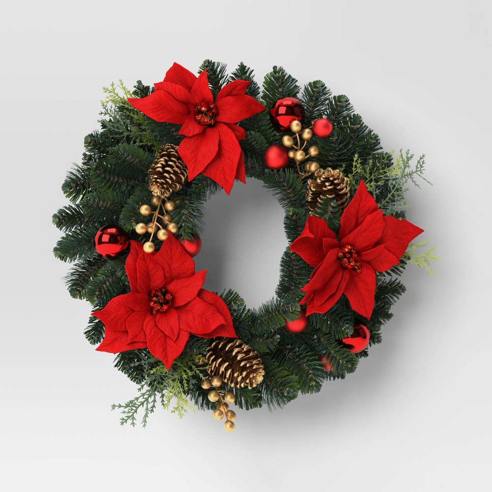 (( Case of 2 PCs)) 22" Mixed Greenery and Poinsettia Flowers Decorated Artificial Christmas Wreath Green - Wondershop™