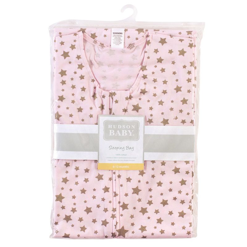 Hudson Baby Infant Girl Cotton Sleeveless Wearable Sleeping Bag, Sack, Blanket, Gold Pink Star, 3 of 4