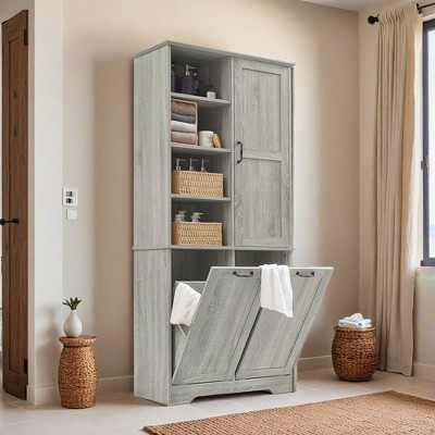 Bathroom Storage Cabinet with Doors and Drawers, Tilt-Out Laundry Hamper, Multiple Storage Space, Open Shelve, Adjustable Shelf - Leovsnove