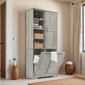 Bathroom Storage Cabinet with Doors and Drawers, Tilt-Out Laundry Hamper, Multiple Storage Space, Open Shelve, Adjustable Shelf - Leovsnove - 1 of 4