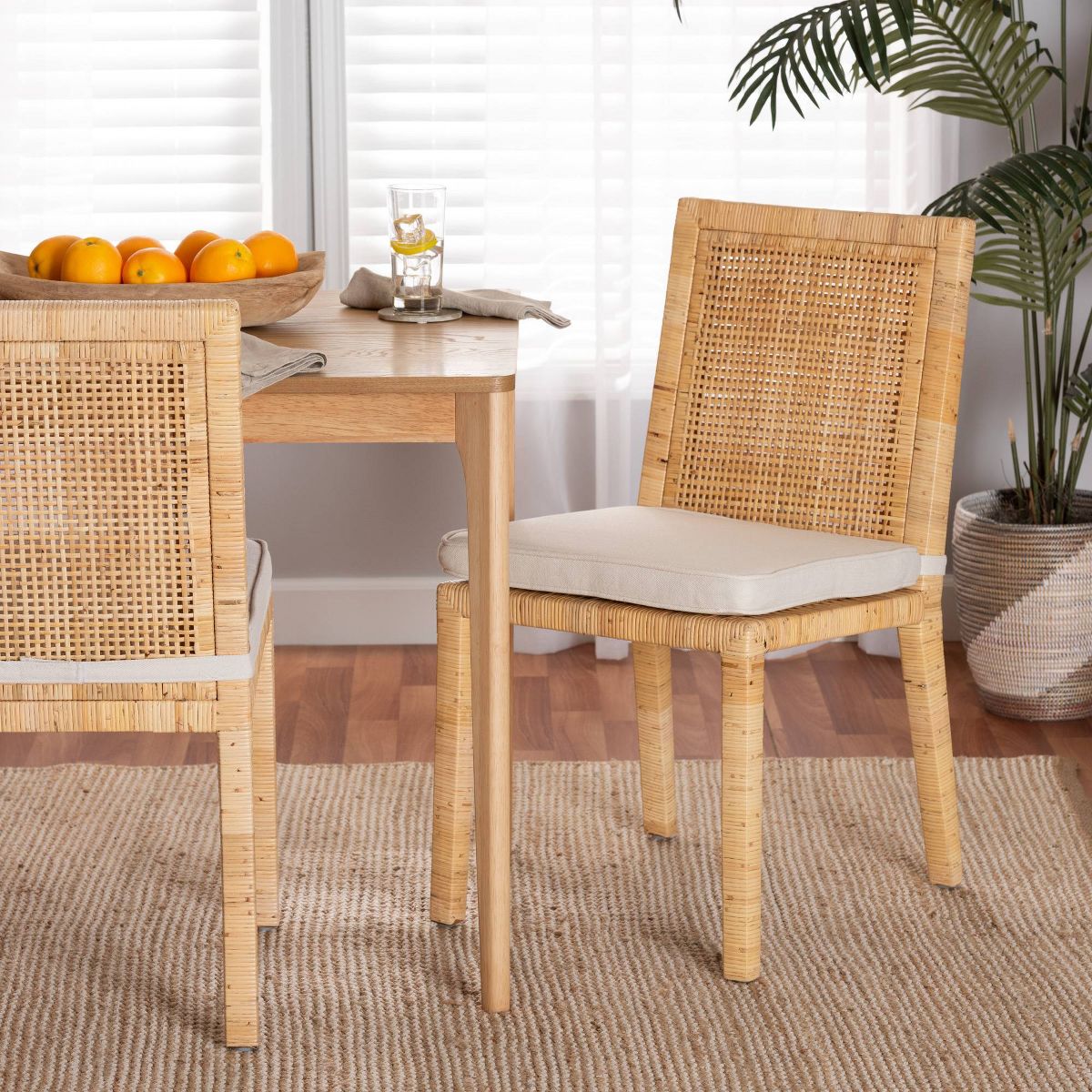 Sofia Wood and Rattan Dining Chair Set Natural/White - bali & pari: Handcrafted, Foam Cushion, No Assembly Required