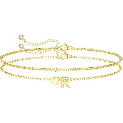 Dainty Initial Heart Gold Bracelets for Women Trendy, 14K Real Gold Letter Charm Bracelet Jewelry