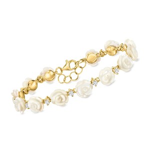 Ross-Simons Mother-Of-Pearl and 1.30 ct. t.w. White Topaz Rose Bracelet in 18kt Gold Over Sterling Size 8 - 1 of 3