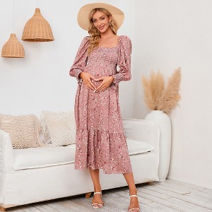Women's Maternity Floral Maxi Dress - Smocked Bust, Lantern Sleeves, High Waist (S-2XL) - 1 of 3