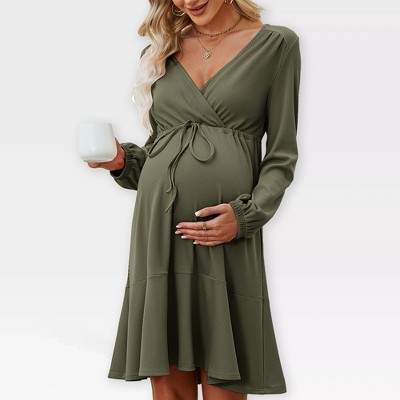 Womens Maternity Dress V Neck Long Sleeve Tie Waist Flowy Dress Midi Dress for Baby Shower Photography Fall Outfits for Maternity,Army Green - L