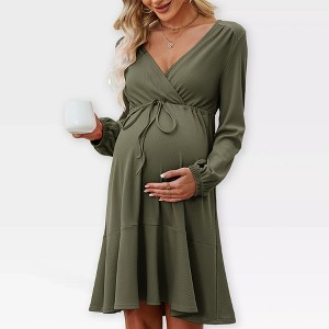 Womens Maternity Dress V Neck Long Sleeve Tie Waist Flowy Dress Midweight Dress for Baby Shower Photography Fall Outfits for Maternity - 1 of 4