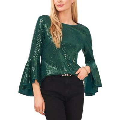Vince Camuto Womens Metallic Knit Flutter Ruffled Blouse