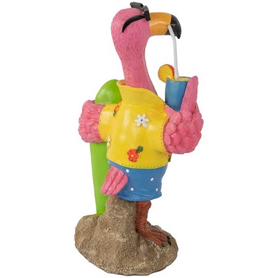 Tropical Pink Flamingo Garden Statue with Surfboard and Drink