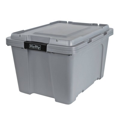 Hefty 72 qt Clear Plastic Holiday Latched Storage Bin, Red Lid