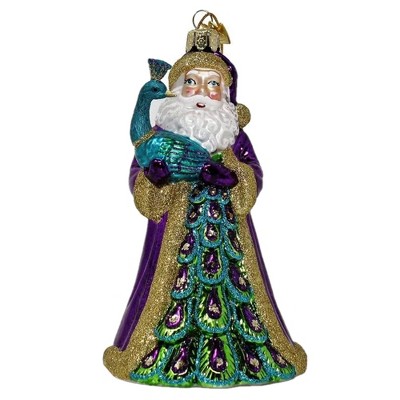 Kurt Adler Noble Gems Glass Ornament for Christmas Tree, Santa with Peacock