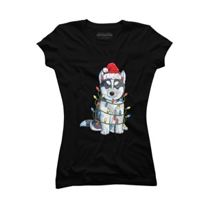 Junior's Design By Humans Siberian Husky Santa Christmas Tree Lights Xmas Gifts Boys T-Shi By NekoShop T-Shirt - 1 of 3