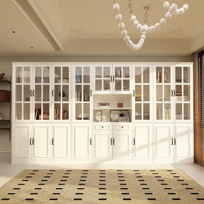 FUFU&GAGA 141.7"W Tempered Glass Door Large Modular Storage Cabinet Display Cabinet Bookshelf White