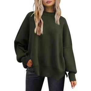 Women's Oversized Batwing Sweaters Fall Outfits Crewneck Knit Side Slit Fashion Pullover Tops - 1 of 4