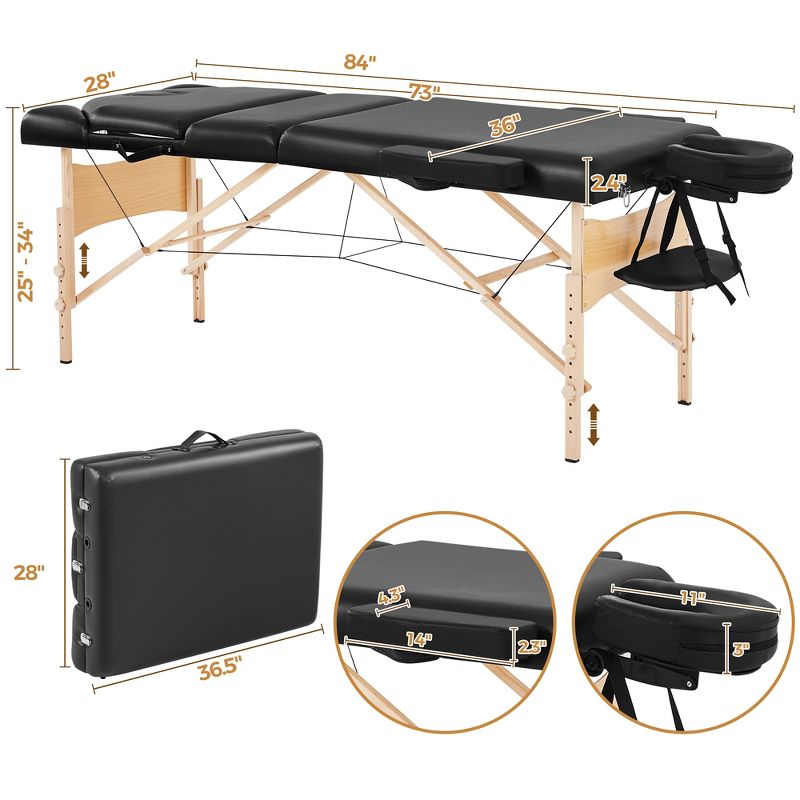 Yaheetech Professional Portable Massage Bed 3 Folding Massage Table with Backrest Black, 3 of 9