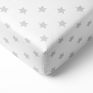 Bacati - Stars Gray Ikat Muslin 100 percent Cotton Universal Baby US Standard Crib or Toddler Bed Fitted Sheet - 1 of 4