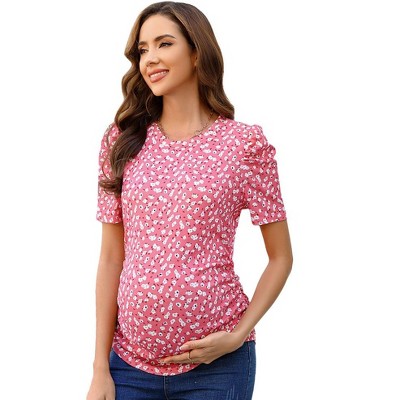 Women's Floral Puff Sleeve Ruched Side Tunic Blouses Shirts