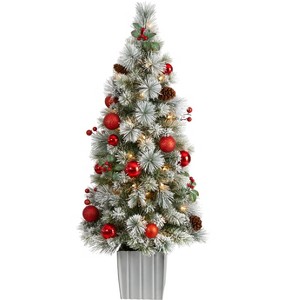 Nearly Natural 4-ft Winter Flocked Artificial Christmas Tree Pre-Lit with 50 LED Lights and Ornaments in Decorative Planter - 1 of 4