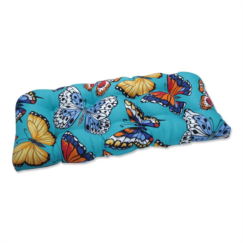 19&#34; x 44&#34; Butterfly Garden Outdoor/Indoor Wicker Loveseat Cushion Turquoise - Pillow Perfect, 1 of 6