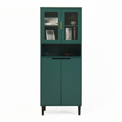 Lirago,23.62"D * 13.78"W * 63"H,Green Tall Bookcase with 4 Glass Doors, Adjustable Storage Cabinet, apply to Kitchen/Living Room/Dining Room