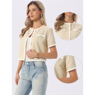 Allegra K Women's Tweed Knit Crew Neck Short Sleeve Cropped Casual Cardigan Jackets Yellow X-Large — фото 2