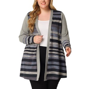 Agnes Orinda Women's Plus Size Long Open Front Striped Contrast Casual Knit Cardigans - 1 of 4
