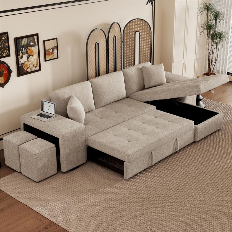 104" Pull Out Sleeper Sofa, Reversible L-Shape Sectional Couch with Storage Chaise and 2 Stools-ModernLuxe, 2 of 15