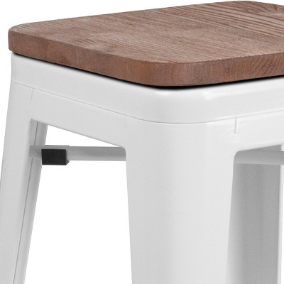 24" White Metal and Brown Wood Backless Counter Stool