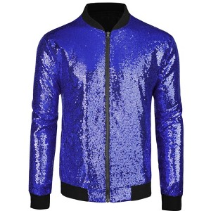 INSPIRE CHIC Men's Sequin Varsity Long Sleeve Zipper Glitter Sequins Bomber Jacket - 1 of 4